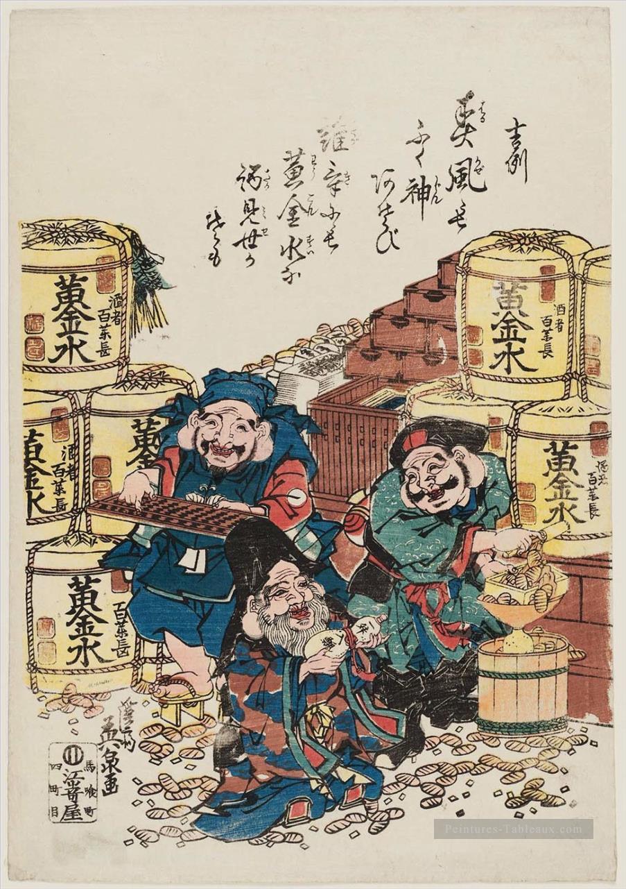 Daikoku Ebisu et Fukurokuju comptant de l’argent Keisai Ukiyoye Peintures à l'huile